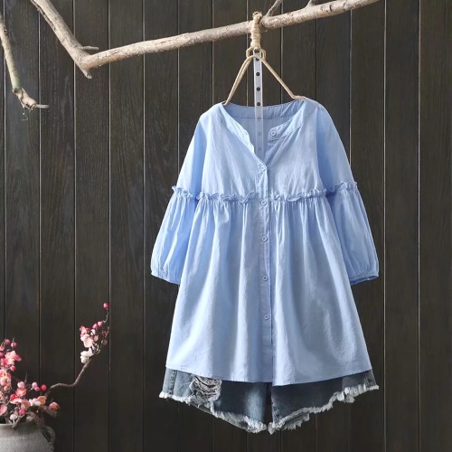 可愛いデザイン シンプル 無地 体型をカバー シングルブレスト ギャザー 森ガールシャツ