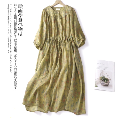 デザイン性抜群 プリント ボウタイ ボタン ハイウエスト 花柄 ワンピース