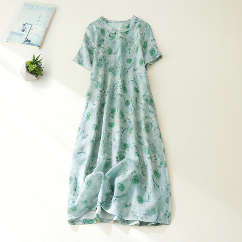おしゃれ度高め プリント レトロ ボタン 綿麻 M-2XL レディース 森ガール ワンピース