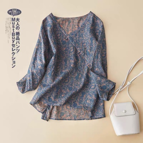 大流行新作Vネック花柄レトロ文芸ゆったり長袖オールマッチシャツ