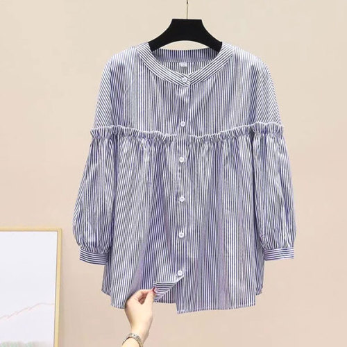 新登場 シンプル スタンドネック ストライプ柄 九分袖 シャツ