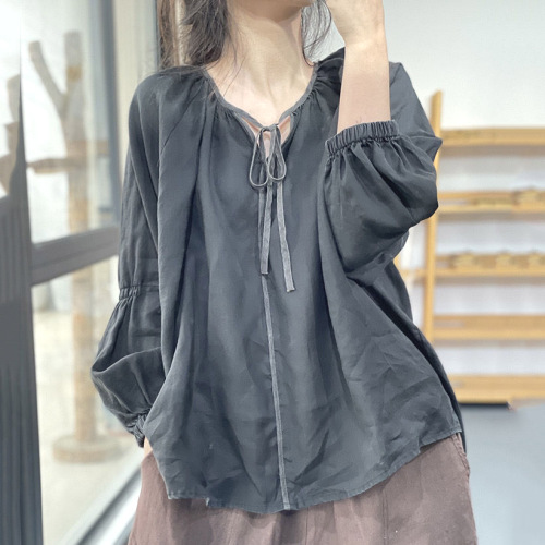 おしゃれ度アップ ボウタイ リネン生地 無地 ゆったり 長袖 M-3XL レディース 森ガール 体型カバー ブラウス