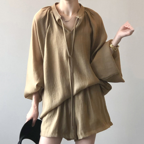 【日焼け対策】【2点セット】ラッシュガード紫外線対策UVカットVネックボウタイブラウス+無地カジュアルパンツセットアップ
