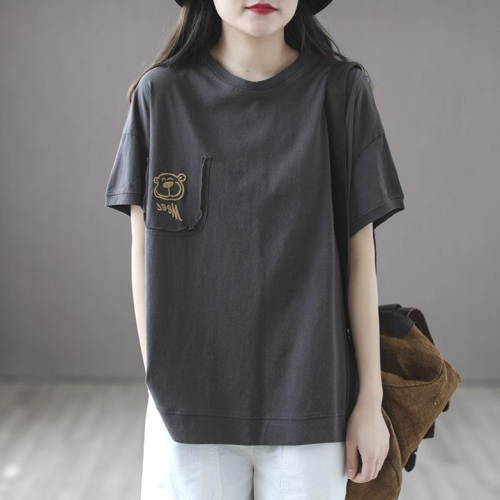 可愛いデザイン レトロ 刺繡入り ラウンドネック 半袖 5色展開 レディース Ｔシャツ
