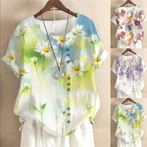 一枚で視線を奪う 北ヨーロッパ系 ゆったり プリント ラウンドネック 半袖 Tシャツ