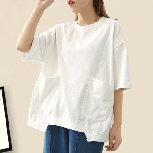 人気高い ゆったり 女性 シンプル 無地 不規則 ビッグポケット半袖 Tシャツ