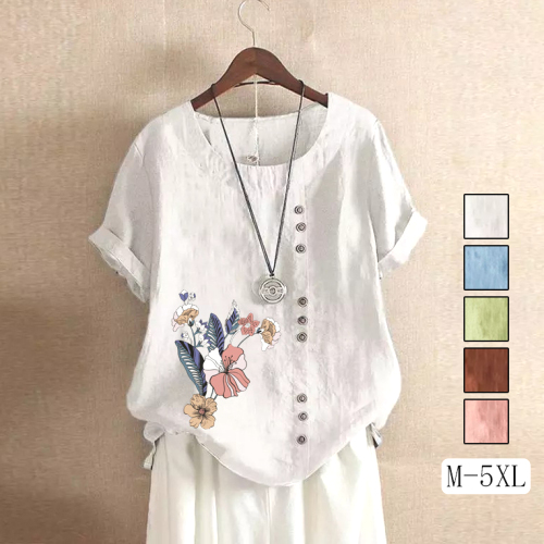 人気を獲得♡ カジュアル 5色展開 体型をカバー プリント ボタン 半袖 森ガール Tシャツ
