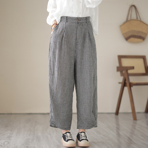 ファッション 緩い レトロ チェック柄 ウエスト調節可能 バックル 大きいサイズ カジュアル ワイドパンツ