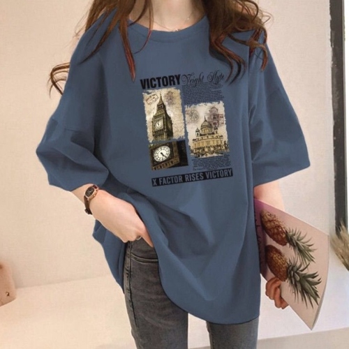 多色展開シンプルプルオーバープリントカジュアル夏ラウンドネック半袖Tシャツ