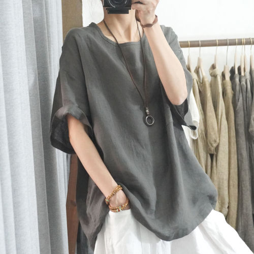 韓国版 超人気   リネン ゆったり 大きいサイズ レディース 半袖  Tシャツ