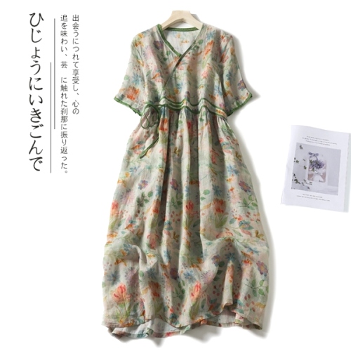 花柄 切り替え 細見せ Aライン プリント 半袖 M-2XL カジュアルワンピース
