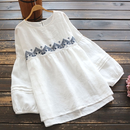 大人っぽい長袖 刺繍 スプライス 麻 レトロ  レディース 森ガール トップス