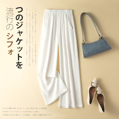 レディース  ハイウエスト ルーズ ストレート  薄手 ゴム付き カジュアルパンツ