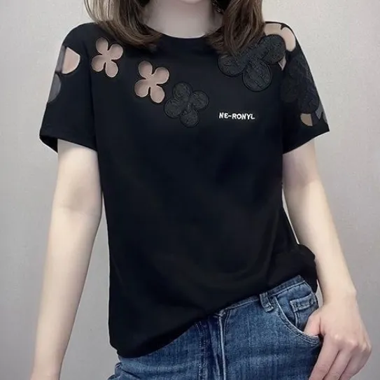 快適な着心地 ラウンドネック 半袖 透かし彫り アルファベット Tシャツ