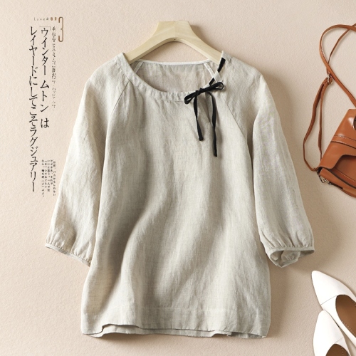 綿麻 買わなきゃ損  大きめのサイズ感 レディース  ボウタイ Tシャツ