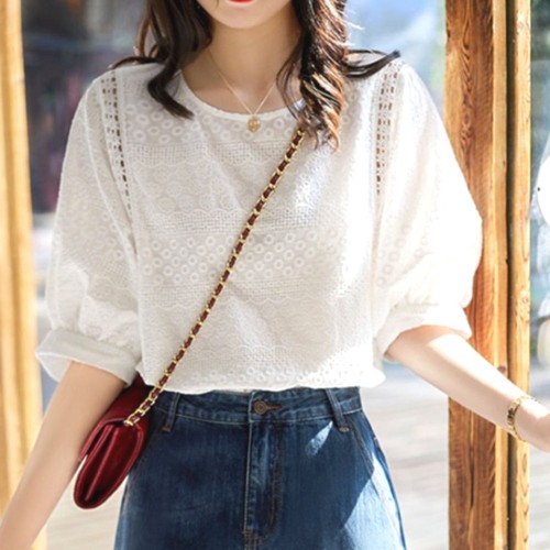 ラウンドネック花柄シースルートップス