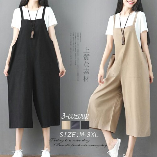 春夏パンツレディースサロベットオールインワンワイドパンツゆるパンツ大人サロペットロング丈コットンパンツミセスカジュアルガウチョ春夏サロベットデートお出かけオーバーオール体型カバーシンプル通勤