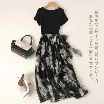 おしゃれレディースプリント半袖ワンピース