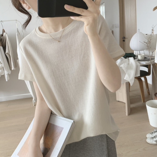 若く見え  シンプル  着瘦せ  ゆったり  半袖  コットン  ラウンドネック  楽天の同款