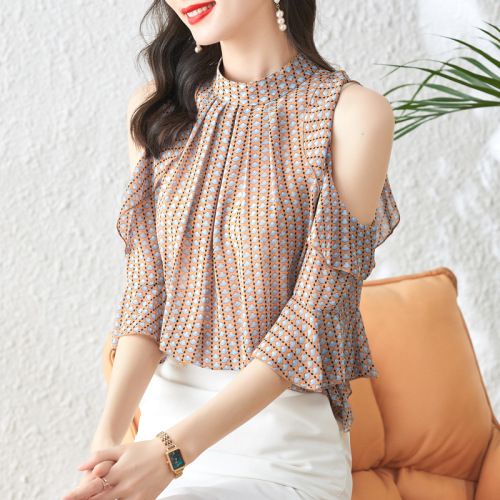 新作  韓国風  着瘦せ  ゆったり  5分袖  シフォン  オフショルダー  花柄  夏  楽天の同款