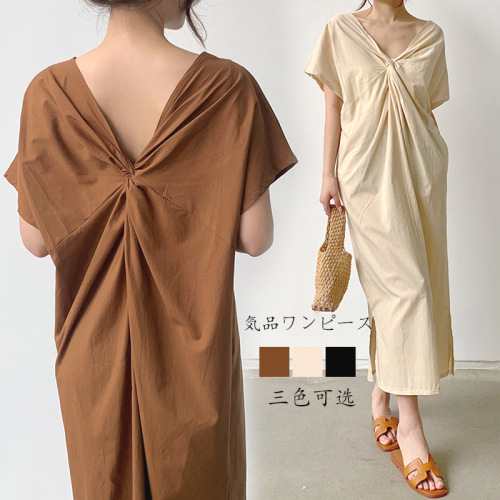 レトロ  気質  ゆったり  半袖  ロング  夏  楽天の同款