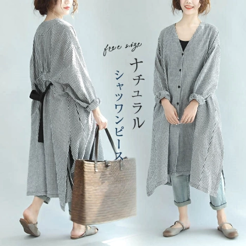 新作  ゆったり  9分袖  Vネック  チェック柄  ロング  秋  秋の新作アイテム