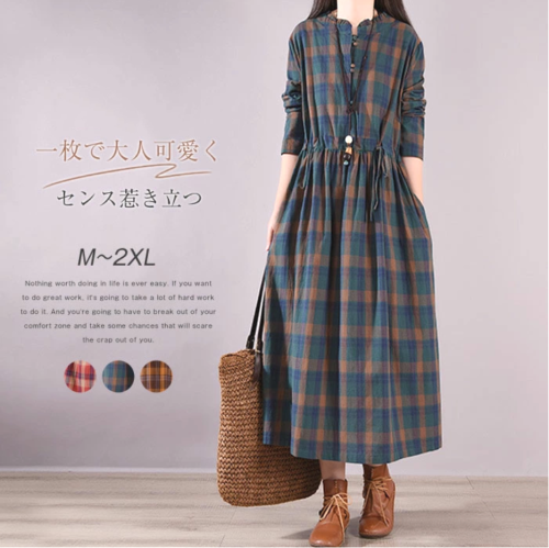 シンプル チェック柄 ギャザー ボウタイ すね丈 M-2XL レディース カジュアルワンピース