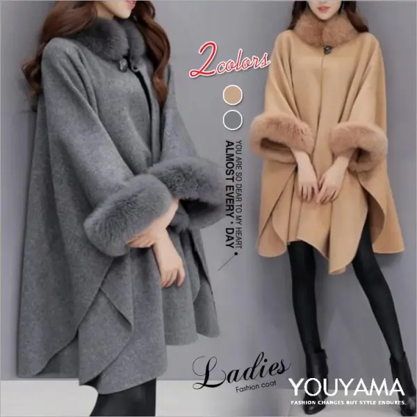 大活躍ファッション ファーが取り外す ハイネック無地ラシャ七分袖ドルマンスリーブ切り替え秋冬ケープ