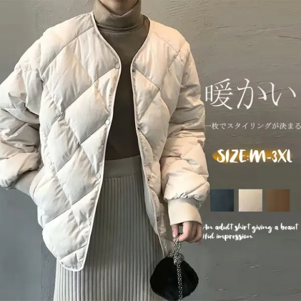 キルティングジャケットレディースキルティングコートショート丈中綿コート秋冬コートジャケット中綿入りトップス冬中綿コート暖かい軽量防寒ノーカラーゆったりカジュアルあったかノーカラージャケット大きいサイズリラックスシンプルポケット付き