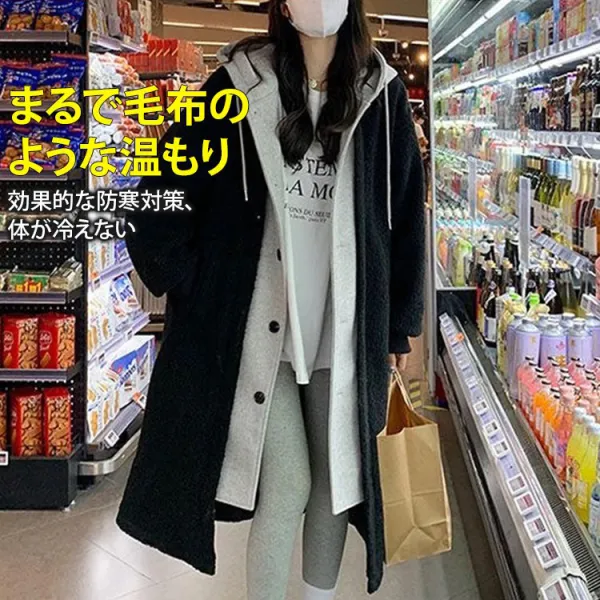 3色無地フード付きシングルブレスト切り替えビックシルエット体型をカバー 防寒コート