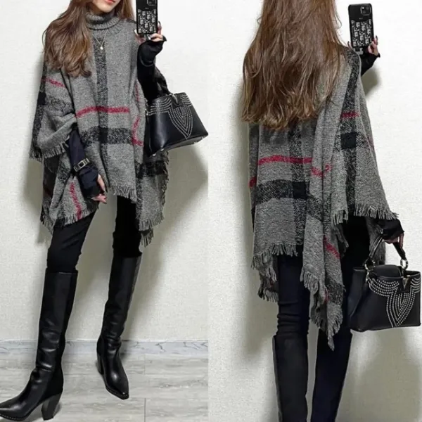 上品さたっぷり チェック柄 切り替え ハイネック 大きめのサイズ感 体型をカバー フリンジ ポンチョ