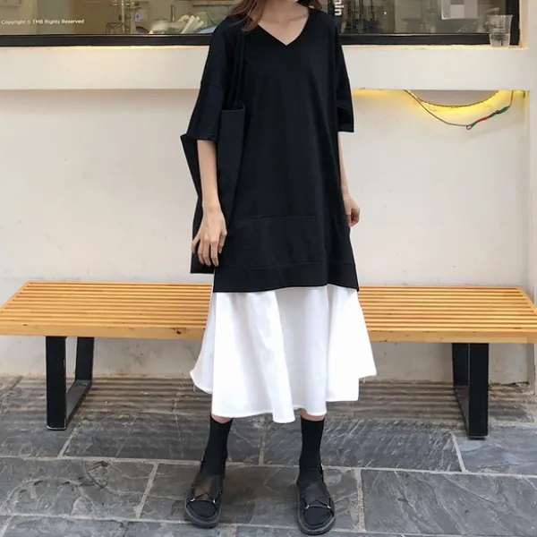 韓国の人気爆発 ゆったり ｖネック 切り替え 配色 ロング Aライン カジュアル デートワンピース
