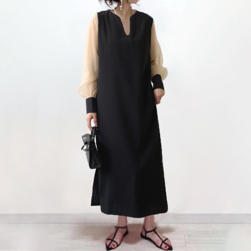 華やかさをプラス シンプル 配色 Vネック ラウンドネック 切り替え ロングカジュアルワンピース