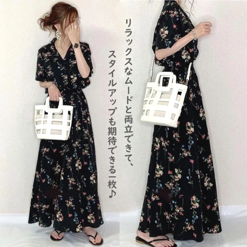 清楚で女性らしい 小柄 Vネック シフォン 花柄 ロングワンピース