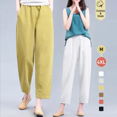 【9999円達成でGET！】綿麻 無地 レギュラーウエスト カジュアルパンツ