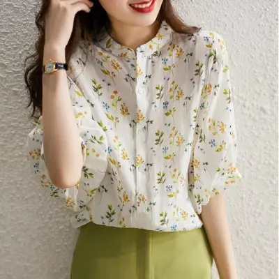 肌が明るく見える 夏 花柄 ルーズ パフスリーブ シャツ 夏服 夏コーデ ファッション 今日のコーデ 大人コーデ レディース