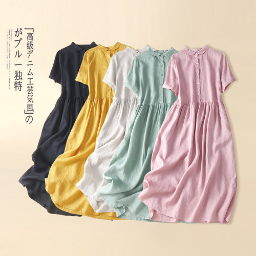 レトロ  新作  ゆったり  文芸スタイル  無地  シングルブレスト  ロング  夏