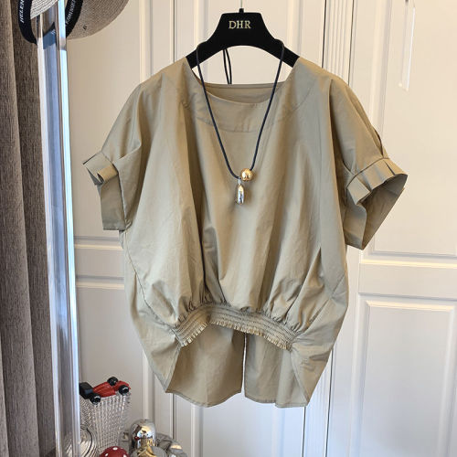 夏 クール 通気 腹部カバー ルーズ ラウンドネック フロントショート バックロング 半袖 シャツ 夏服 夏コーデ ファッション 今日のコーデ 大人コーデ レディース