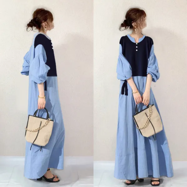 【春NEWタイプ発売！】カジュアル Vネック ランタンスリーブ 切り替え ハイウエスト ワンピース 夏服 夏コーデ ファッション 今日のコーデ 大人コーデ レディース
