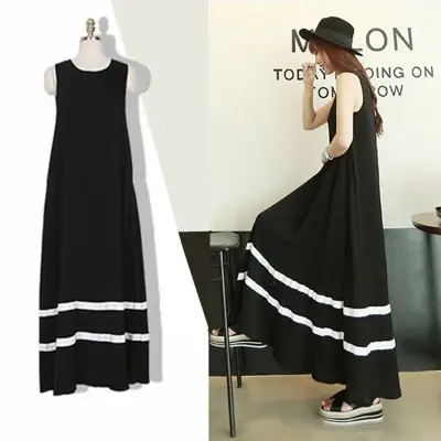 大流行新作 着痩せ効果 ラウンドネック Aライン ボーダー ノースリーブ ロングワンピース 夏服 夏コーデ ファッション 今日のコーデ 大人コーデ レディース