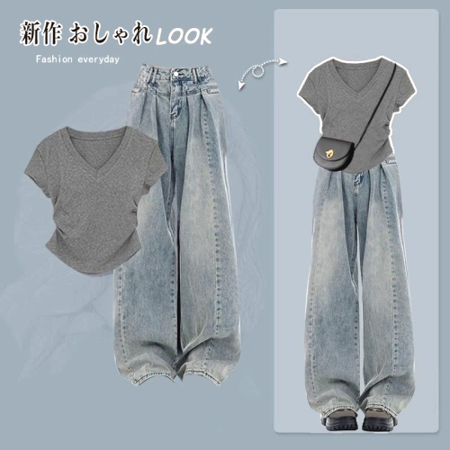 【単品販売】絶対欲しいシンプル無地VネックTシャツ＋パンツ二点セット夏コーデファッションcoordinateカジュアルコーデコーディネート夏服今日のコーデ大人コーデレディースfashionootd