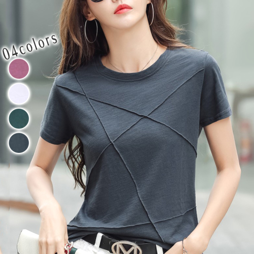 高見えデザイン着痩せ効果無地シンプルラウンドネックTシャツ夏コーデファッションcoordinateカジュアルコーデコーディネート夏服今日のコーデ大人コーデレディースfashionootd