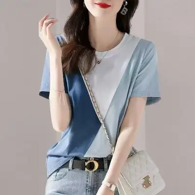 個性的なデザイン ラウンドネック 半袖 カジュアル 切り替え Tシャツ 夏服 夏コーデ ファッション 今日のコーデ 大人コーデ レディース