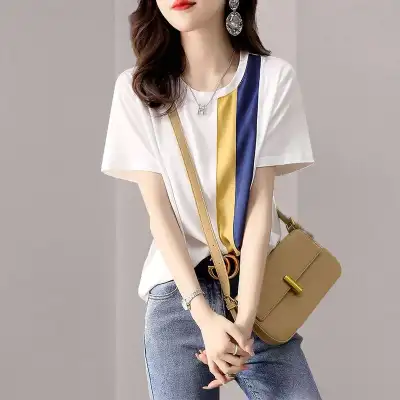 個性的なデザイン ラウンドネック 半袖 カジュアル 切り替え Tシャツ 夏服 夏コーデ ファッション 今日のコーデ 大人コーデ レディース