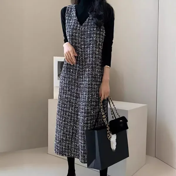 ジャンパースカートロング秋冬vネックワンピースレディース秋冬ノースリーブサロペットスカートジャンスカロングワンピースツイードワンピース重ね着大きいサイズおしゃれ可愛いレイヤードカジュアル通勤通学エレガント総柄送料無料