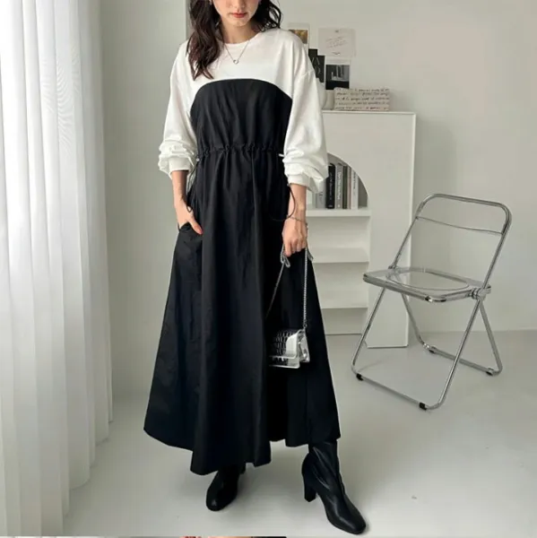 ロングワンピース長袖春ワンピースレディース無地切り替え大きいサイズフレア高級感上品マキシワンピース30代40代ゆったり体型カバーロング丈ビッグシルエットロングワンピースカジュアルきれいめ大人オシャレ送料無料