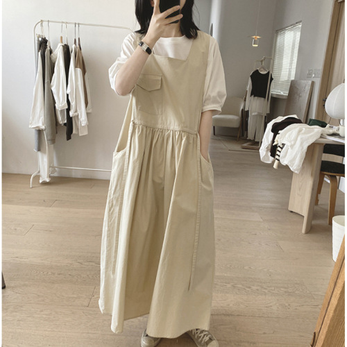 レトロ  新作  着瘦せ  ゆったり  文芸スタイル  ノースリーブ  ハイウエスト  ロング  春