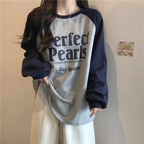 着回し自在！ 長袖 アルファベット プリント 配色 ラウンドネック シンプル Tシャツ