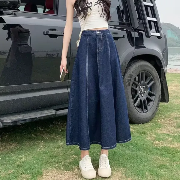 合わせやすい  着瘦せ  ゆったり  ハイウエスト  ウエストゴム  デニム  ロング  サーキュラースカート  秋  ボトムス