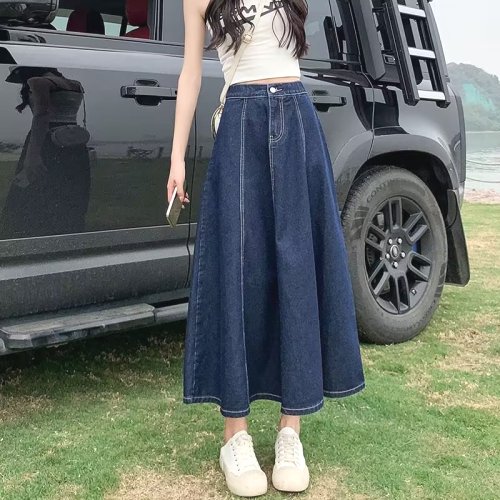 合わせやすい  着瘦せ  ゆったり  ハイウエスト  ウエストゴム  デニム  ロング  サーキュラースカート  秋  ボトムス